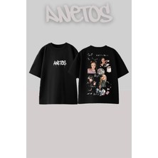 Anetos Black Pink 8 Tasarım Sırt Baskılı Pamuk Siyah Oversize T-Shirt