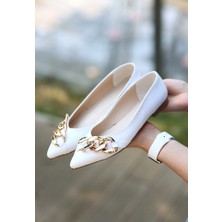 Kazax Popi Beyaz Cilt Zincirli Babet Ayakkabı