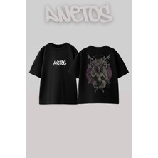 Anetos Demon 1 Tasarım Sırt Baskılı Pamuk Siyah Oversize T-Shirt