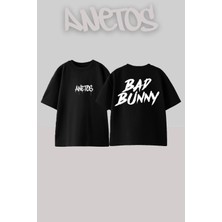 Anetos Bad Bunny 17 Tasarım Sırt Baskılı Pamuk Siyah Oversize T-Shirt