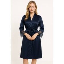 Cherry Queen Premium Saten Lacivert 5’li Çeyiz Seti | Özel Kutulu Gecelik, Sabahlık, Şortlu ve Uzun Pijama Takımı