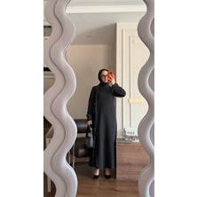 Touche Kontrast Payetli Krep Elbise Siyah