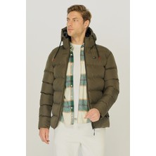 Erkek Haki Kalın Astarlı Rüzgar Geçirmez Kapüşonlu Kışlık Şişme Mont