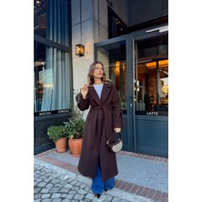 Sue Store Koyu Kahve Kuşaklı Astarlı Oversize Kol Detay Yün Kaban