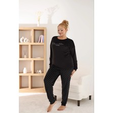 Pijamoni Kadın Büyük Beden Yumuşak Kadife Siyah Pijama Takımı