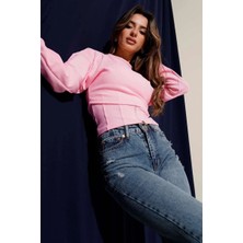 Mesga Butik Fitilli Bisiklet Yaka Ikili Bluz Pembe T4341