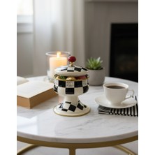 Paçi Dama Desenli Ayaklı Şekerlik Lüks Dekoratif Kutu Siyah Beyaz Porselen Takı Saklama Objesi