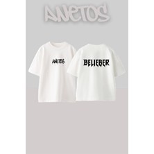 Anetos Justin Bieber 2 Tasarım Sırt Baskılı Pamuk Beyaz Oversize T-Shirt