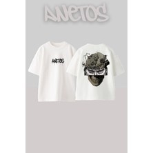 Anetos Berserk 16 Tasarım Sırt Baskılı Pamuk Beyaz Oversize T-Shirt