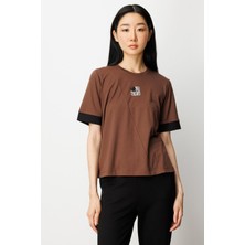 On Kadın Önü Taşlı Sıfır Yaka Bluz 61331 Kahve-Siyah