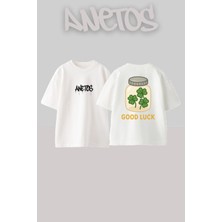 Anetos Good Luck Tasarım Sırt Baskılı Pamuk Beyaz Oversize T-Shirt