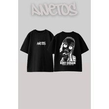 Anetos Kurt Cobaın 5 Tasarım Sırt Baskılı Pamuk Siyah Oversize T-Shirt
