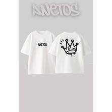 Anetos Jesus Kıng Tasarım Sırt Baskılı Pamuk Beyaz Oversize T-Shirt