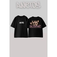 Anetos Black Pink 5 Tasarım Sırt Baskılı Pamuk Siyah Oversize T-Shirt