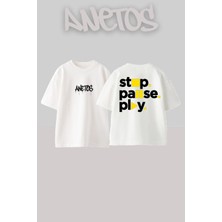 Anetos Stop Pause Play Tasarım Sırt Baskılı Pamuk Beyaz Oversize T-Shirt