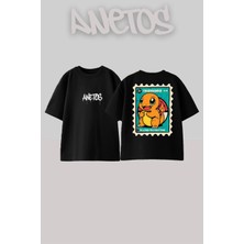 Anetos Pokemon 1 Tasarım Sırt Baskılı Pamuk Siyah Oversize T-Shirt
