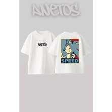 Anetos Sonic Speed Tasarım Sırt Baskılı Pamuk Beyaz Oversize T-Shirt