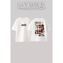 Anetos Nirvana Post 1 Tasarım Sırt Baskılı Pamuk Beyaz Oversize T-Shirt