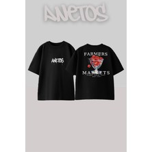 Anetos Farmers Markets Tasarım Sırt Baskılı Pamuk Siyah Oversize T-Shirt