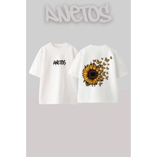 Anetos Aycıcegı 6 Tasarım Sırt Baskılı Pamuk Beyaz Oversize T-Shirt