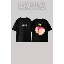 Anetos Bıkınılı Seftalı Tasarım Sırt Baskılı Pamuk Siyah Oversize T-Shirt