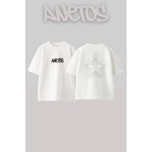 Anetos Star 2 Tasarım Sırt Baskılı Pamuk Beyaz Oversize T-Shirt