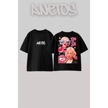 Anetos Blackpink Rose 7 Tasarım Sırt Baskılı Pamuk Siyah Oversize T-Shirt