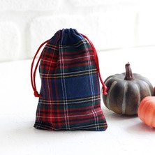 Bimotif Lacivert Ekose Bağcıklı Yılbaşı Hediye Kesesi, 10X15 cm  10 Adet