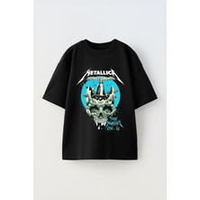 Anetos Metallica 2 Baskılı Ünisex Pamuk Siyah Oversize T Shirt