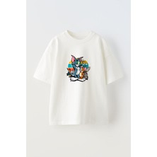 Anetos Tom And Jarry Ön Baskılı Pamuk Beyaz Oversize T-Shirt