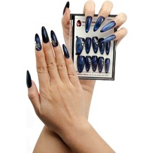 Takma Takma 10'lu Mavi Uzun Badem TT1005 Tekrar Kullanılabilir El Yapımı Protez Takma Tırnak - Mavi-L