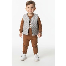 Gigi Giyim Ayı Baskılı Yelekli 3'lü Erkek Çocuk Takım