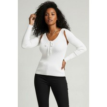 Teenage Millionaire Kadın Beyaz Üst Kalite Dokuma Uzun Kollu Fitilli Bluz Body