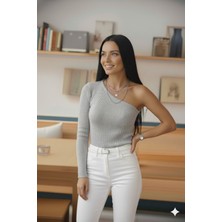 Teenage Millionaire Kadın Gri Tek Omuz Kol Açık Üst Kalite Dokuma Uzun Kollu Fitilli Bluz Body