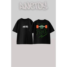 Anetos Roll Tasarım Sırt Baskılı Pamuk Siyah Oversize T-Shirt