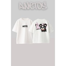 Anetos Cute Angry Dog Tasarım Sırt Baskılı Pamuk Beyaz Oversize T-Shirt