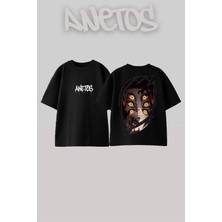 Anetos Demon Slayer Kokushibo Tasarım Sırt Baskılı Pamuk Siyah Oversize T-Shirt