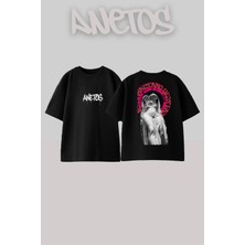 Anetos Heykel Pembe Yazılı Tasarım Sırt Baskılı Pamuk Siyah Oversize T-Shirt