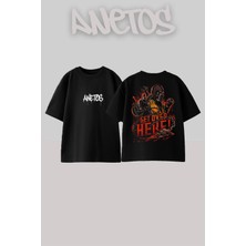 Anetos Get Over Here Tasarım Sırt Baskılı Pamuk Siyah Oversize T-Shirt