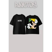 Anetos Cartoon Kopek Tasarım Sırt Baskılı Pamuk Siyah Oversize T-Shirt