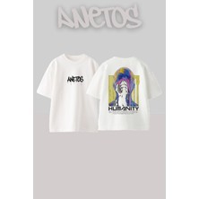 Anetos Humanity Tasarım Sırt Baskılı Pamuk Beyaz Oversize T-Shirt