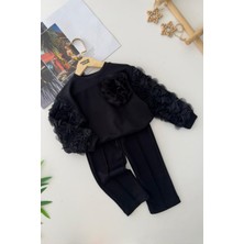 Miniğimin Cicileri Kolları Gül Detaylı  Kız Çocuk Çimalı 2 li takım - Siyah