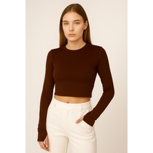 Sibel Günay Butik Kadın Buzy Kumaş Parmak Geçmeli Kahverengi Crop Body| Uzun Kollu – Likralı