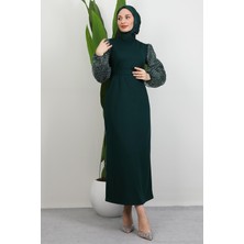 Benek Kol Desen Elbise Zümrüt