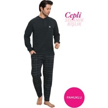 Bie's Erkek Koyu Yeşil 3 Düğmeli Göğüs Cepli Kışlık Pamuklu Selanik Kumaş Uzun Manşetli Kol Cepli Pijama Takım