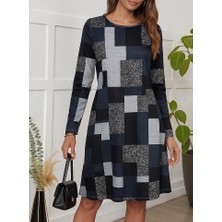 Mareandpanda Kadın Uzun Kollu Yuvarlak Yaka Geometrik Süprem Elbise