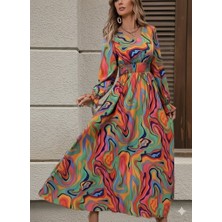 Giyimodam Kadın Uzun Kollu V Yakalı Desenli Maxi Süprem Elbise
