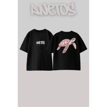 Anetos Kaplumbaga Tasarım Sırt Baskılı Pamuk Siyah Oversize T-Shirt