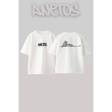 Anetos Leopar 2 Tasarım Sırt Baskılı Pamuk Beyaz Oversize T-Shirt