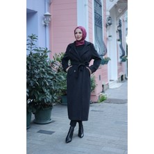 Kadeem Giyim Elzem Moskov Kaşe Kaban Kadın Siyah Düğmeli Kuşaklı Casual Stilde 126 cm
